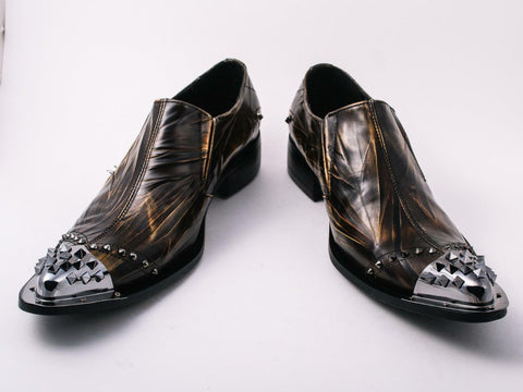 New Men's Brown Fiesso Pointed Metal Toe Slip on Shoes with Spikes Studs FI 6844