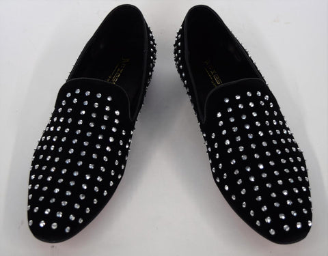 Men's Fiesso Black Suede with Clear Crystals Rhinestones Slip On Shoes FI 6853