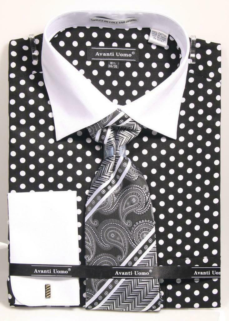 Avanti Uomo Men's DN92M Polka Dot French Cuff Shirts Tie Set with Cuff Links