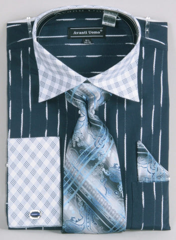 Daniel & Ellisa DS3777P2 Men's Checker Pattern Two Tone French Cuff Shirts with Cuff Links