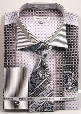 Daniel & Ellisa DS3786P2 Men's French Cuff Dress Geometric Pattern Shirts with Cuff Links