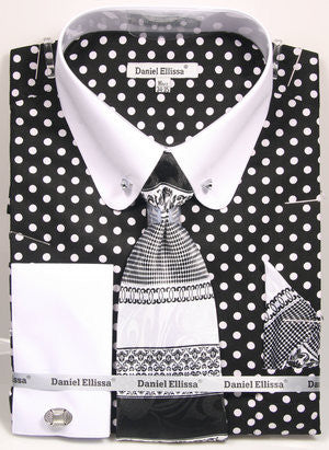 Daniel Ellissa Black/White Polka Dot Shirt with Tie Cufflinks and Coll | Uptown Fashion Outlet Daniel Ellissa Black/White Polka Dot Shirt with Tie Cufflinks and Coll | Uptown Fashion Outlet
