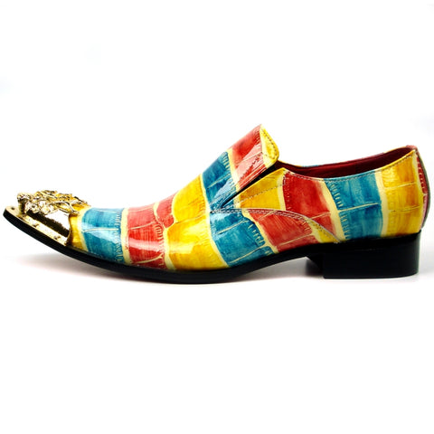 Fiesso Multi Color Print Leather Pointed Toe Metal Tip Shoes FI 7433