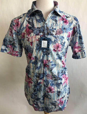 Lanzzino Floral Short Sleeves Blue Shirt