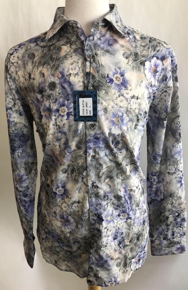 Lanzzino Floral Print Long Sleeves Casual Grey Purple Shirt