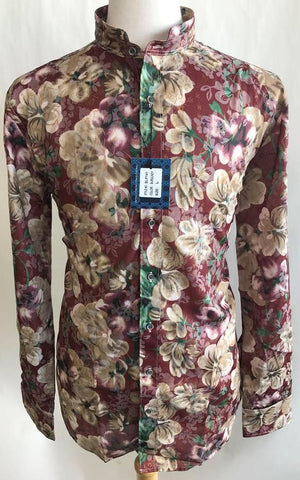 Lanzzino Floral Print Long Sleeves Casual Burgundy Shirt