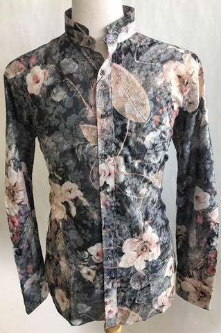 Lanzzino Floral Print Long Sleeves Casual Grey Shirt