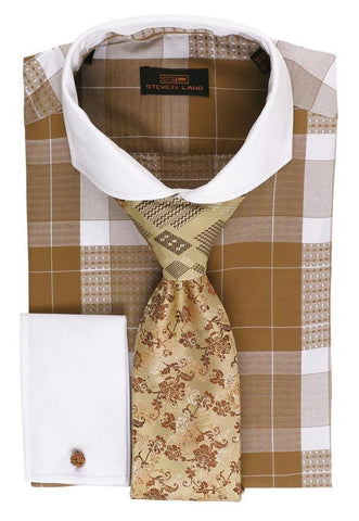 Steven Land Plaid Tan/White Collar Cuffs Dress Shirt