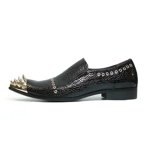 Men's Fiesso Black Patent Snake Leather Pointed Shoes Metal Tip Spikes FI 6946