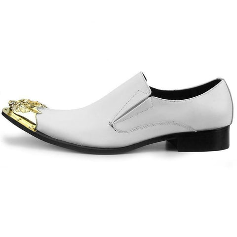 Men's Fiesso White Leather Slip on Shoes with Gun Pointed Metal Toe FI 6909