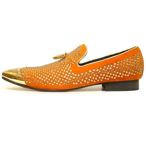Men's Fiesso Orange Suede with Gold Crystals Metal Tip Slip On Shoes FI 6968