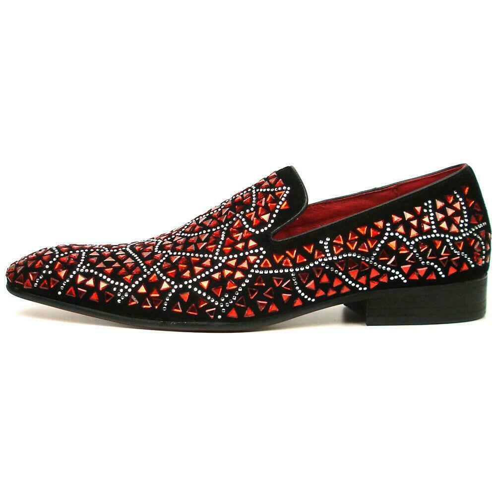 Fiesso Black Suede Red Rhinestones Formal Entertainer Slip on Shoes FI 7415