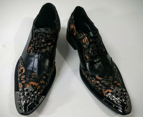 Fiesso Men's Black Floral Leather Metal Toe Lace Up Wing Tip Dress Shoes FI 6840