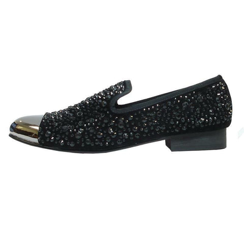 Men's Fiesso Suede Black Shoes Loafers Black Rhinestones Gunmetal Toe FI 6918