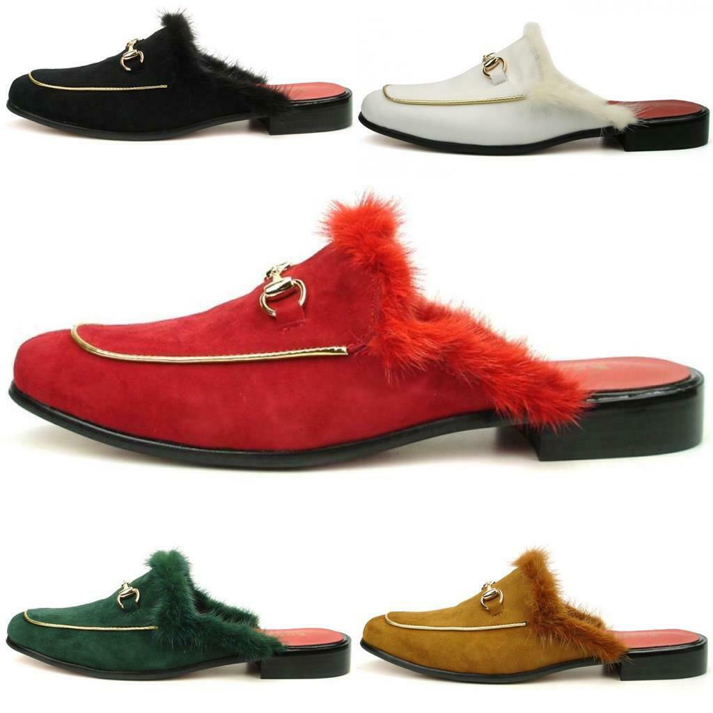 Fiesso Suede Mules Sandals With Fur FI 7187-2 Black,Red,Green,White,Tan