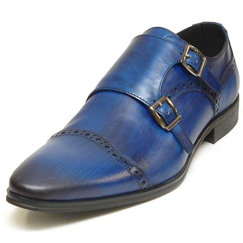 New Encore Blue Pointed Toe Leather Brogue Slip on Dress Shoes FI 6922