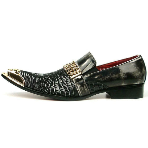 Men's Fiesso Black Grey Leather Snake Print Slip on Shoes Metal Tip FI 7435