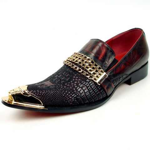 Men's Fiesso Burgundy Leather Snake Print Slip on Shoes Metal Tip FI 7435