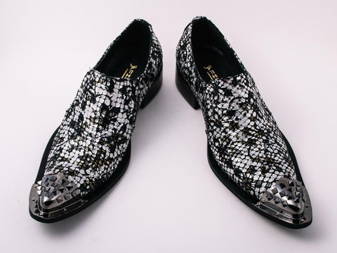 New Men's Black Fiesso Silver Foil Metal Toe Slip on Shoes with Spikes FI 6842