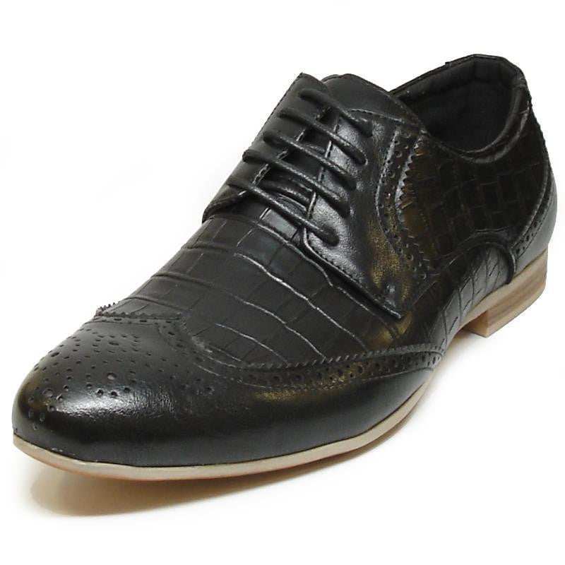 Fiesso Men's Black PU Faux Leather Wingtop Croco Print Dress Shoes