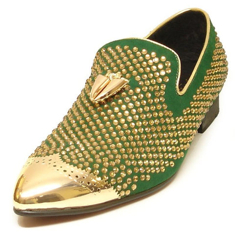 Men's Fiesso Green Suede with Gold Crystals Metal Tip Slip On Shoes FI 6968
