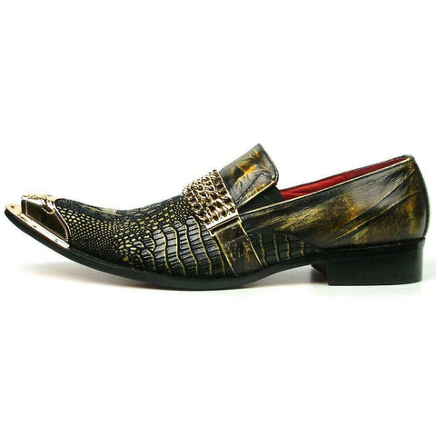 Men's Fiesso Brown Leather Snake Print Slip on Shoes Metal Tip FI 7435