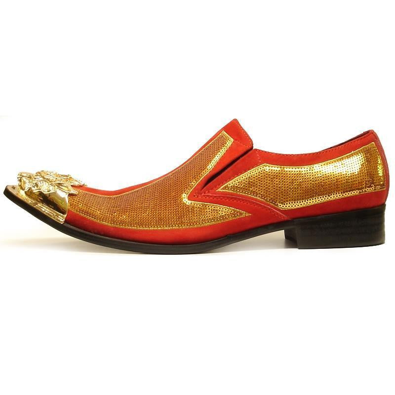 Men's Fiesso Gold/Red Leather Suede Pointed Toe Shoes FI 6983