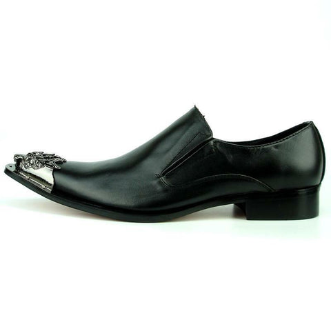 Men's Fiesso Black Leather Slip on Shoes with Gun Pointed Metal Toe FI 6909