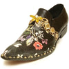 Men's Fiesso Leather Pointed Toe Black Floral Print Dress Shoes FI 7046