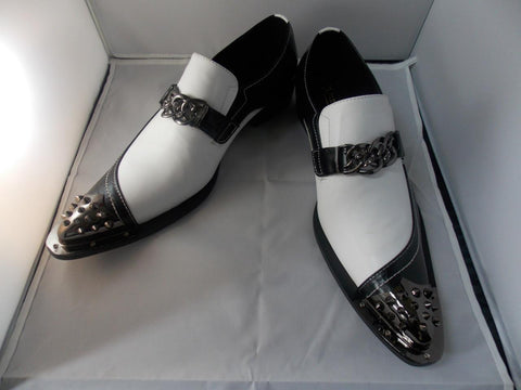 New Men's Fiesso Black/White Pointed Shoes with Spikes FI 6827