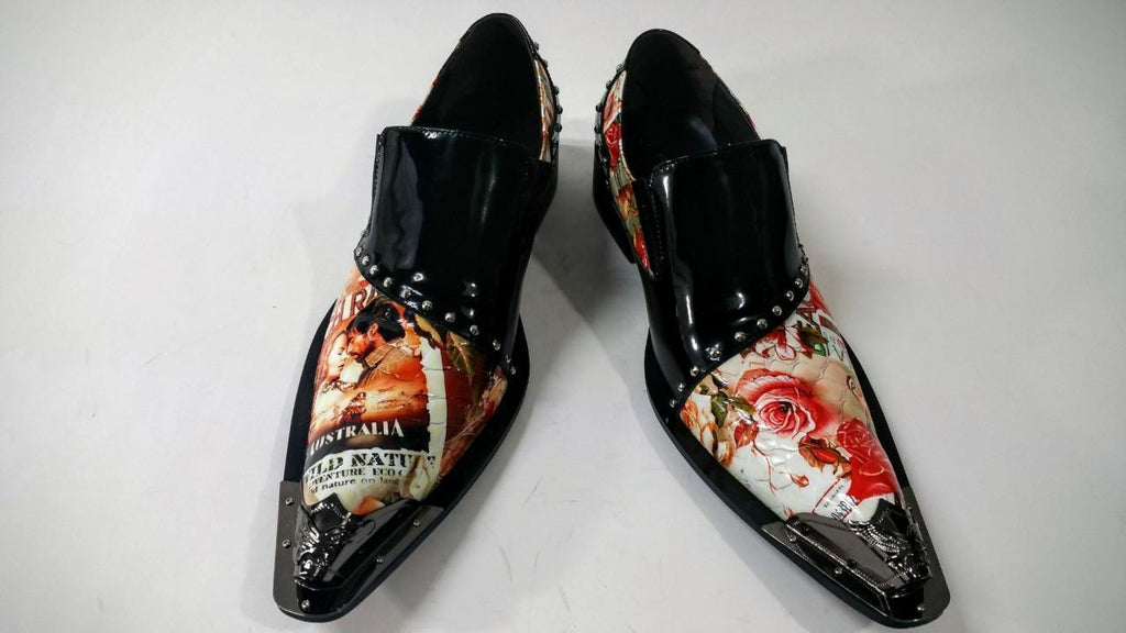 Men's New Fiesso Black Red Floral Print Slip on Shoes FI 6864