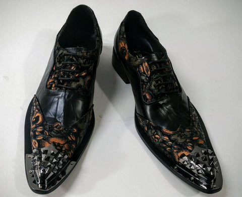 Fiesso Men's Black Floral Leather Dress Shoes FI 6840