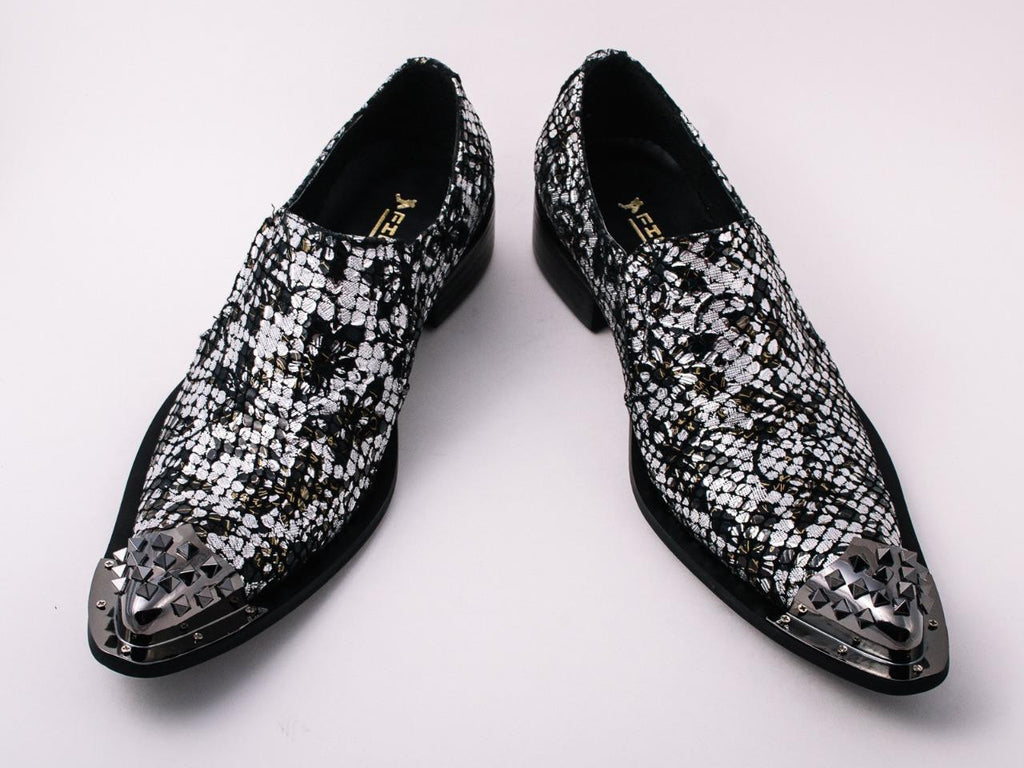 New Men's Black Fiesso Silver Foil Metal Toe Slip on Shoes FI 6842
