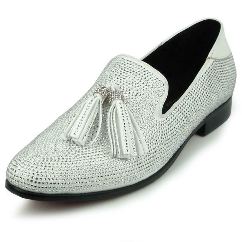 Men's Fiesso White Formal Prom Rhinestones Slip On Tassel Shoes FI 7285-2