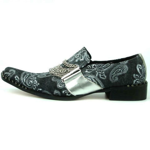 Men's Fiesso Silver Embossed Leather Silver Chain Pointed Toe Shoes FI 7322