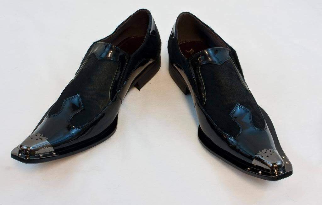 New Fiesso Slip on Dress Shoes Patent Leather Black Pony Hair FI 6644