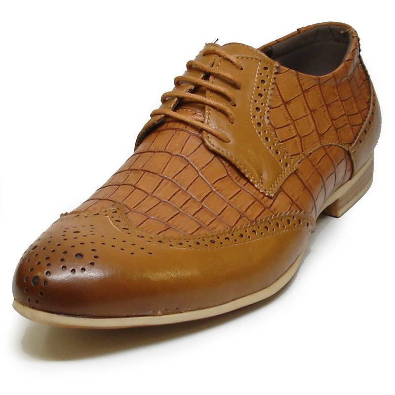 Fiesso Men's Brown PU Faux Leather Wingtip Croco Print Dress Shoes