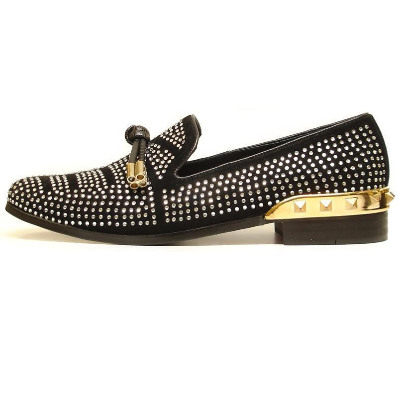 Fiesso Black Suede With Clear Crystal Rhinestone Slip-on Shoes FI 6958