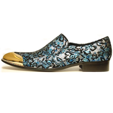 Men's Fiesso Suede Leather Blue Foil Floral Printed Shoes FI 7018
