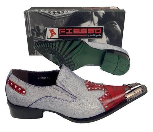 New Fiesso Denim/Red Pointed Toe Metal Tip ShoesFI 6763