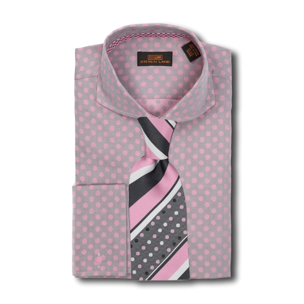 Steven Land Charcoal Cutaway Collar and French Cuffs Polka Dot Dress Shirt